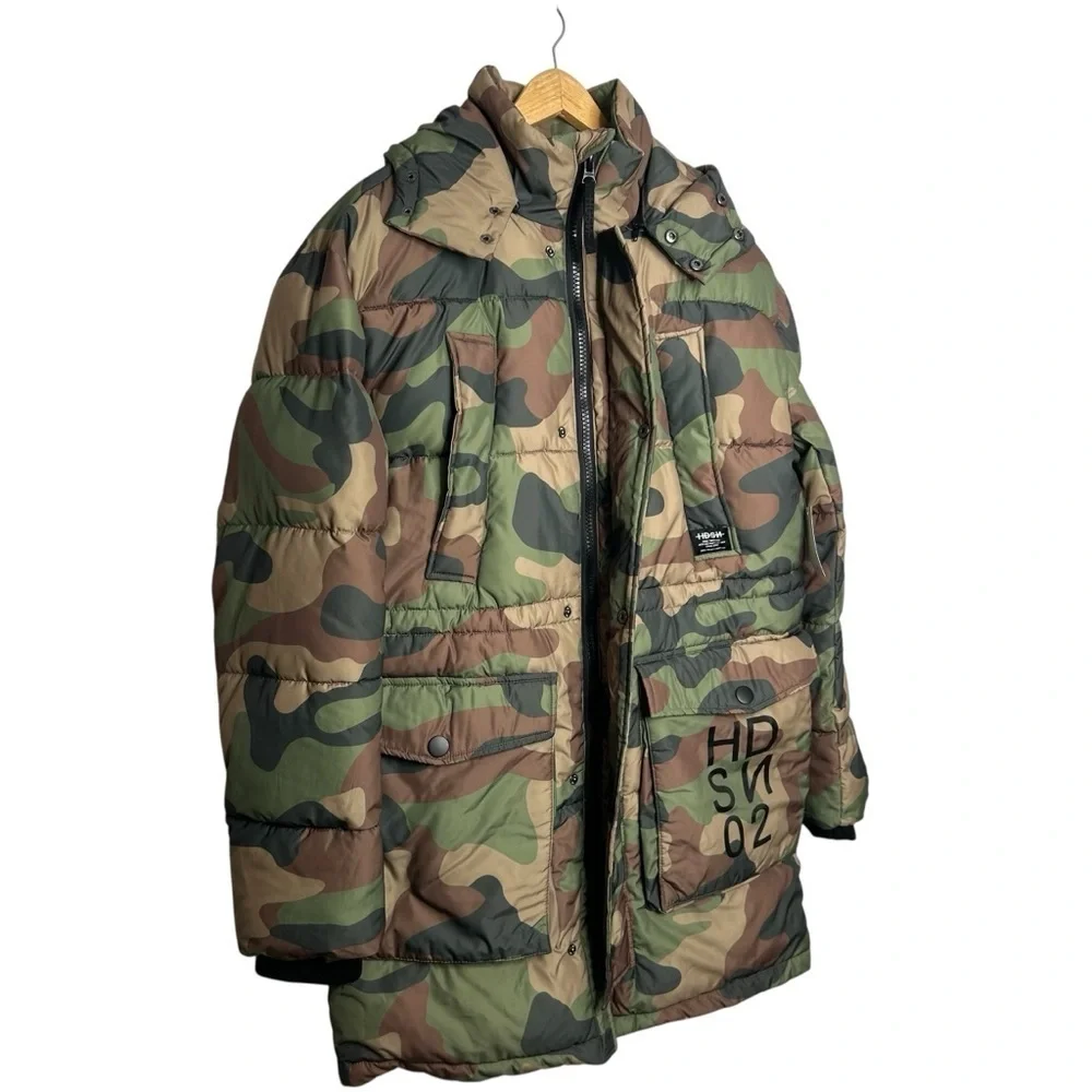 HUDSON JEANS Camo Quilted & Hooded Parka Puffer Men’s Winter Coat Size Small
